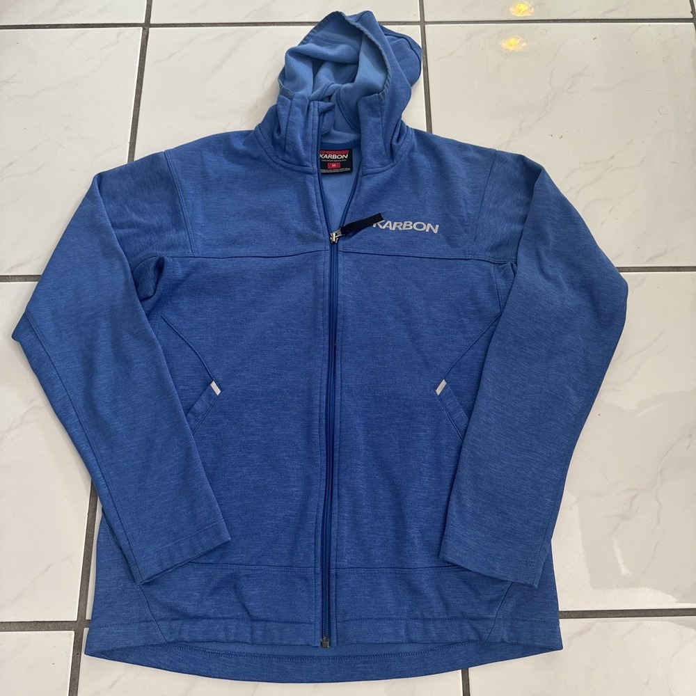 Karbon Jacket Men's Medium Blue Full Zip Hooded Fleece Sweater 20x25.5 Mid Layer